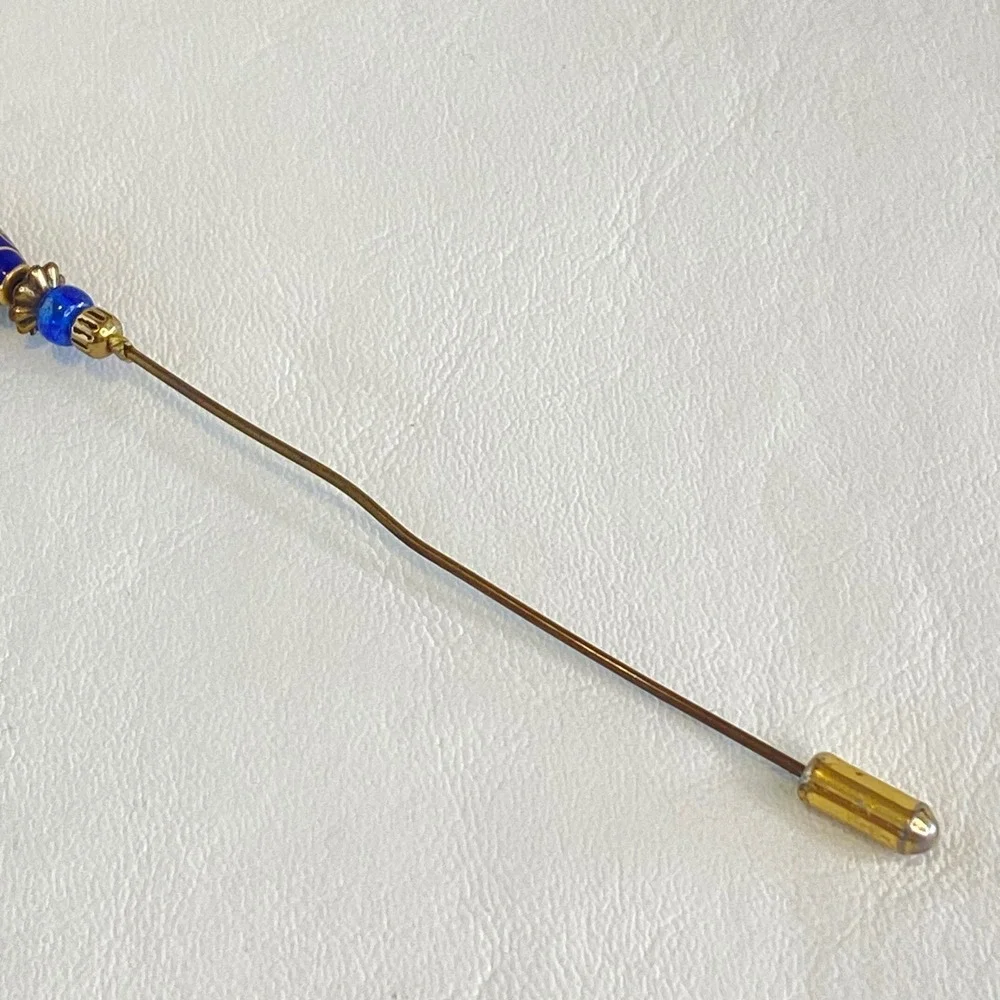Vintage Blue Cloisonne Stick Hat Pin Enamel Floral Gold Tone Leaf Charms Beads